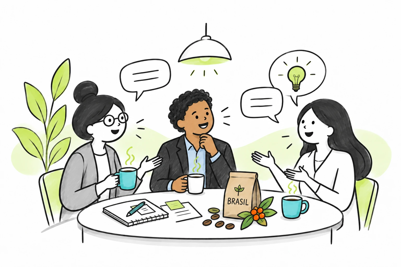 Håndtegnet Akadémia-illustration af en uformel samtale over kaffe med brasiliansk kaffe som personlig detalje.